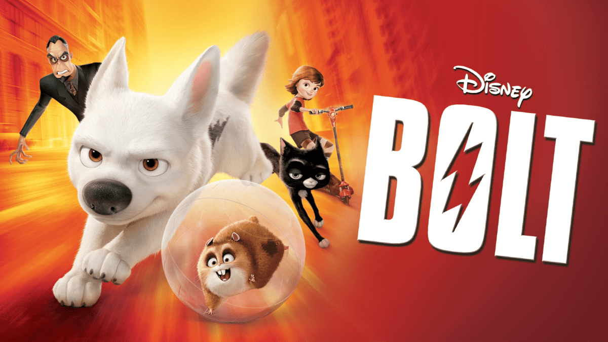 Cartaz da animação "Bolt", sobre um cãozinho branco com superpoderes