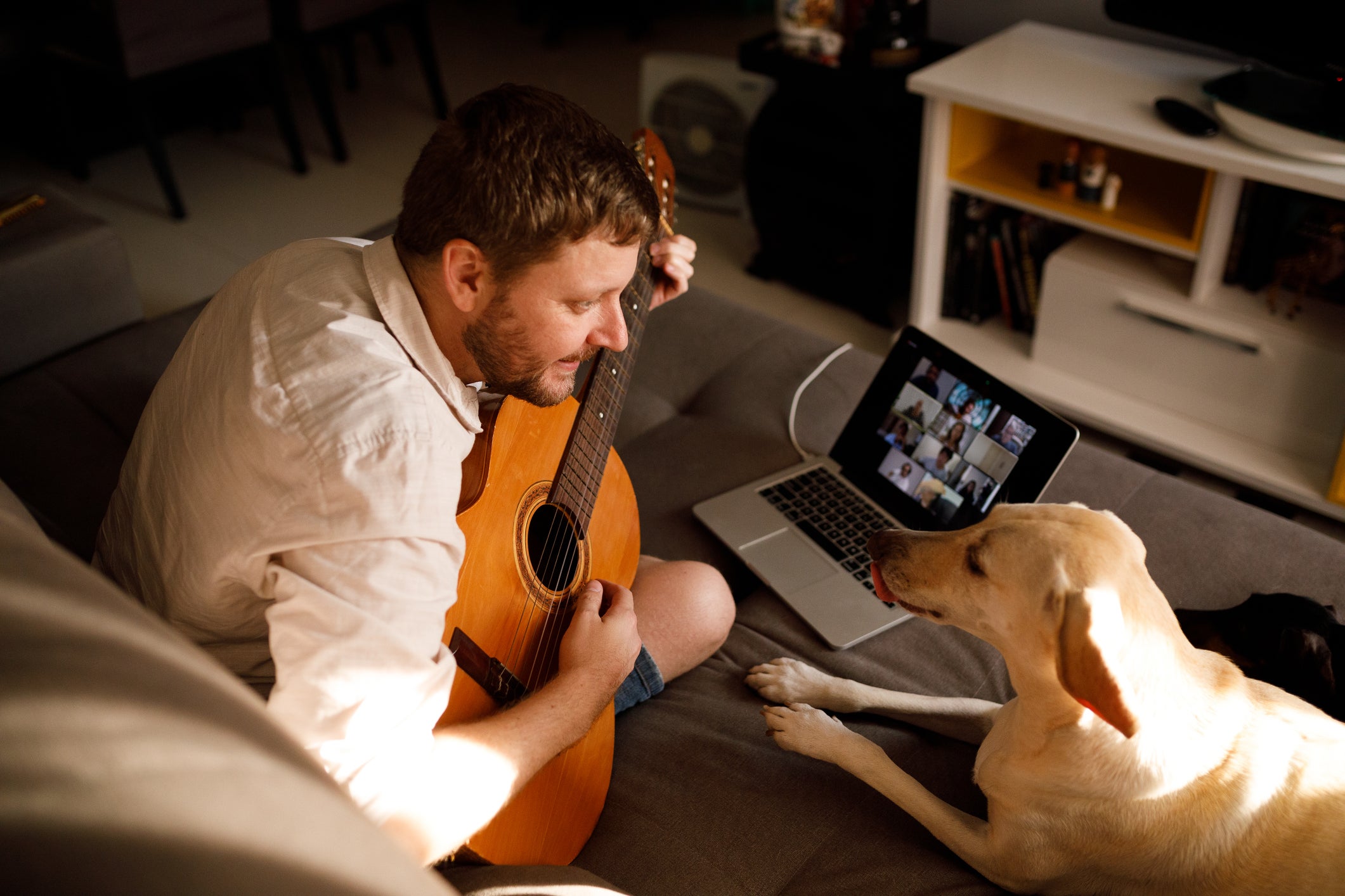 Tutor tocando violão para seu cachorro