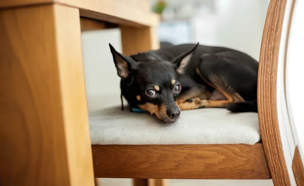 Pinscher deitado em cima de cadeira