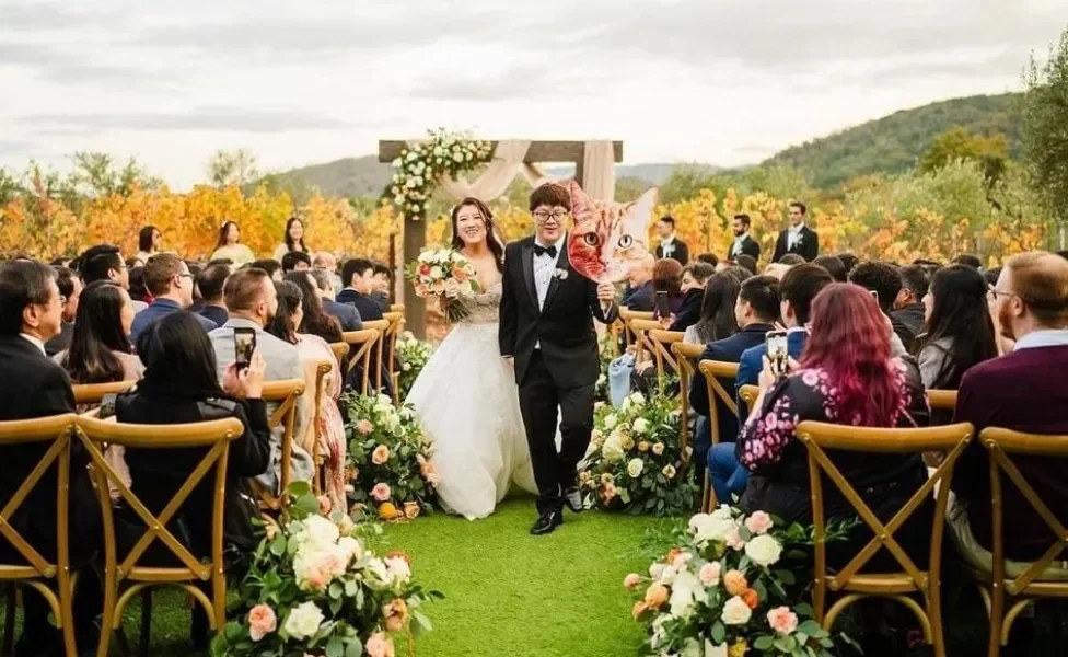 casal de noivos segurando máscara de gato laranja em casamento