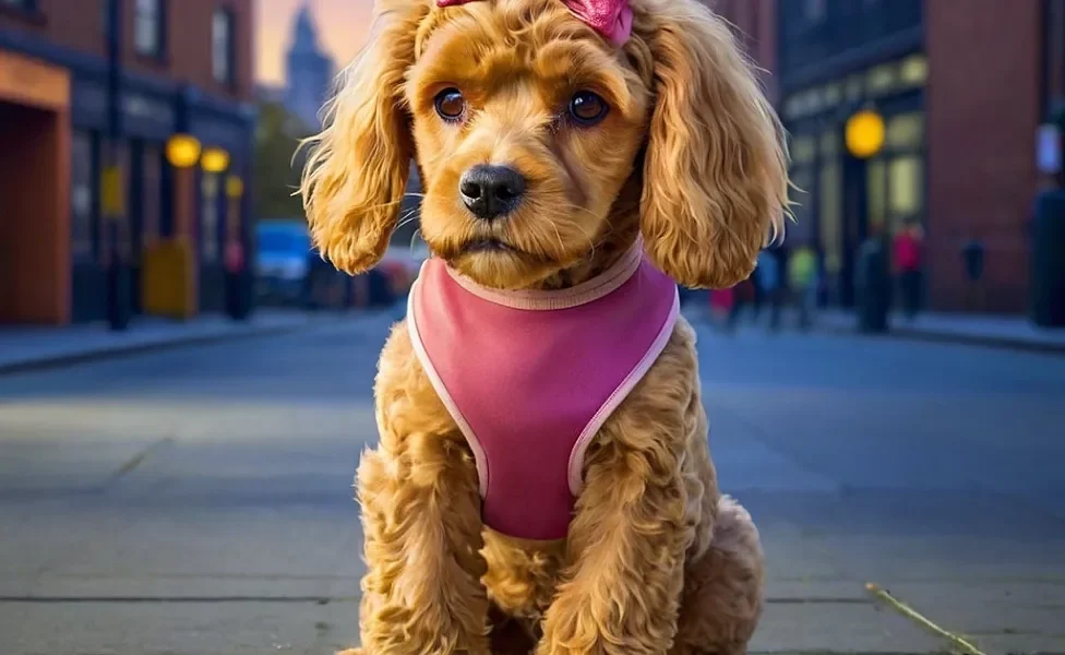 cockapoo com colete rosa