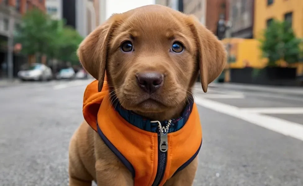 labrador com colete laranja