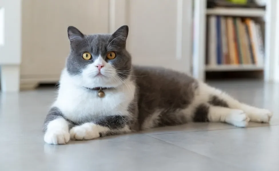 gato de pelo curto inglês bicolor deitado