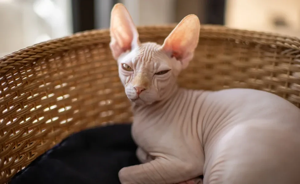 gato sem pelo sphynx deitado em um cestinho