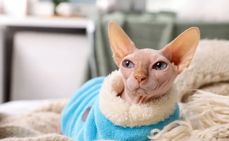 gato sem pelo sphynx com casaquinho azul