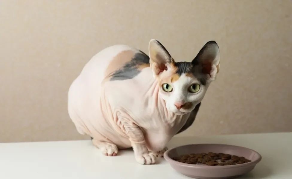 gato sem pelo sphynx com pote de ração na frente