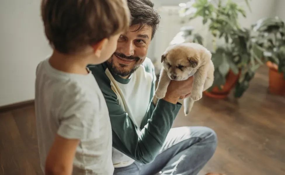 homem com filhote de cachorro na mão ao lado de filho