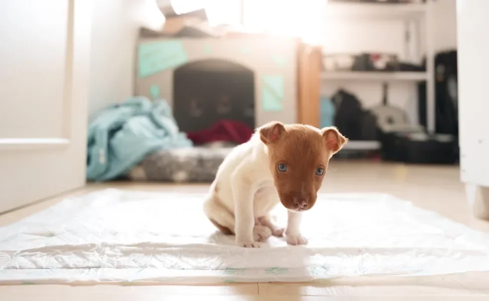 Filhote de cachorro sentado em tapete higiênico