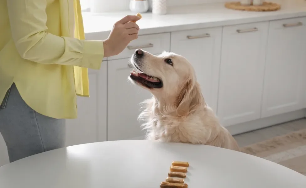 golden retriever olhando para biscoito