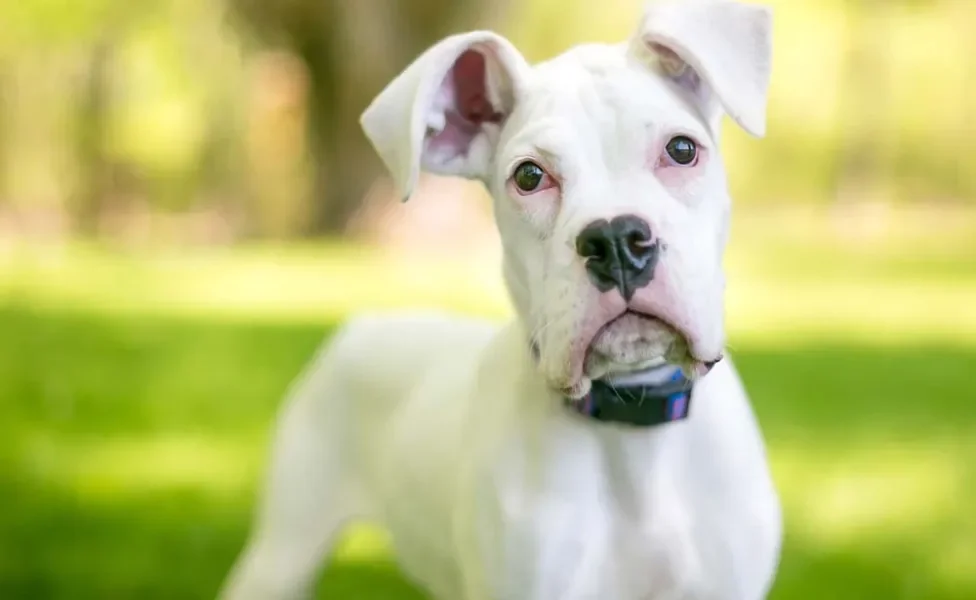 O Dog Alemão branco possui a pelagem completamente dessa cor, fruto de uma variação genética