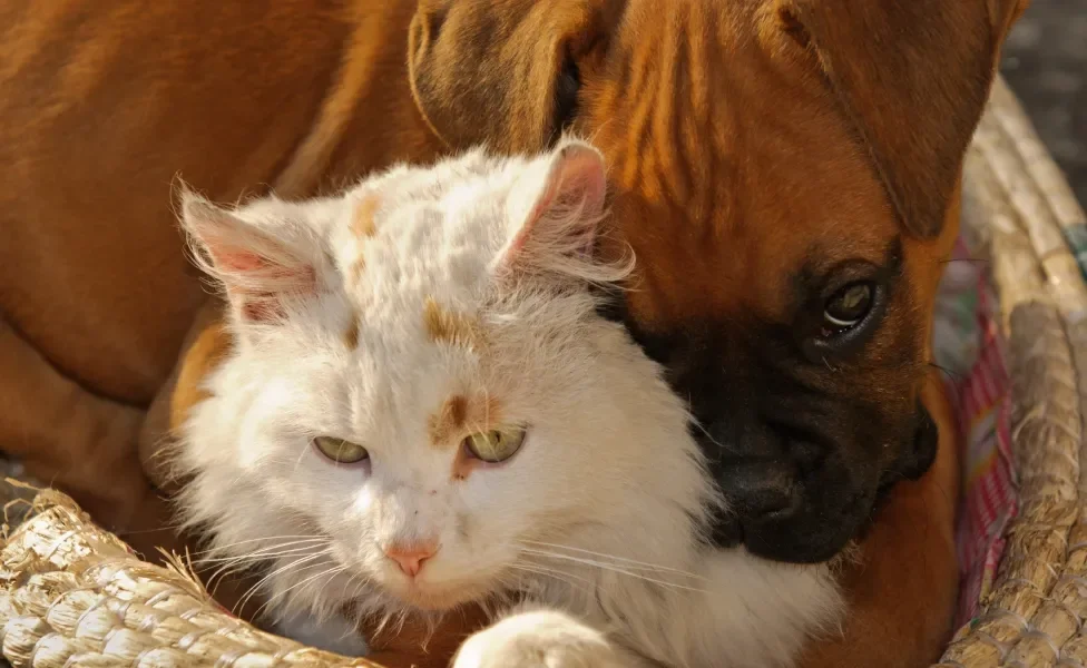 cachorro e gato juntos deitados