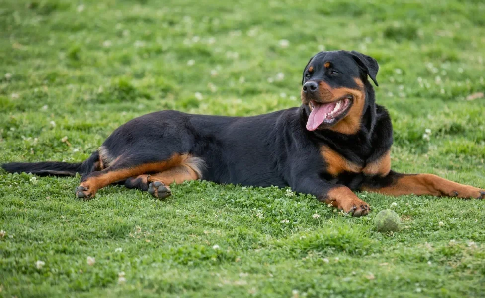 Rottweiler deitado na grama