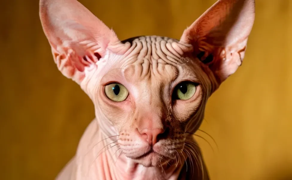 rosto de um gato sem pelo da raça Sphynx