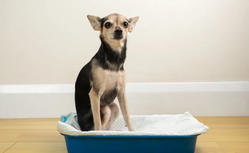 cachorro sentado no banheiro inteligente para cachorro