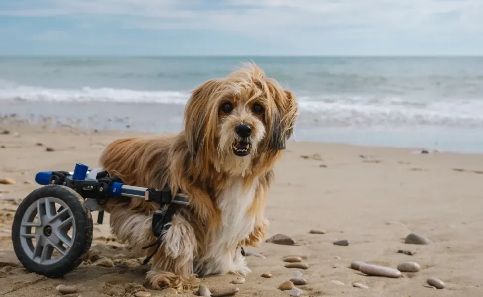 Cãozinho paraplégico na praia