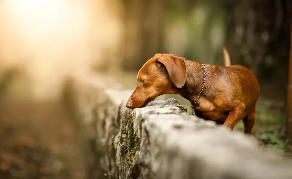 Cachorro marrom com corrente no pescoço farejando 