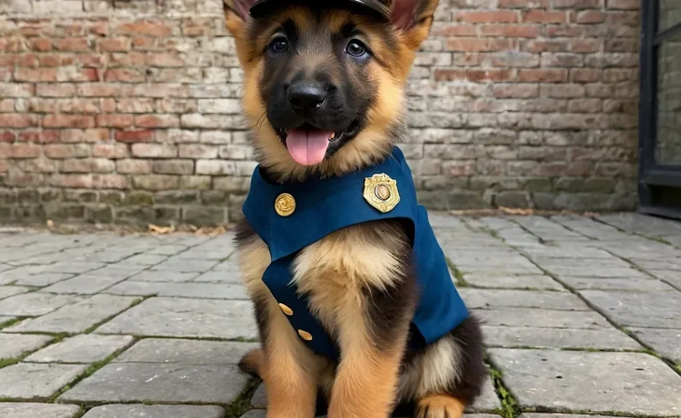 filhote de pastor alemão com roupa de cachorro policial