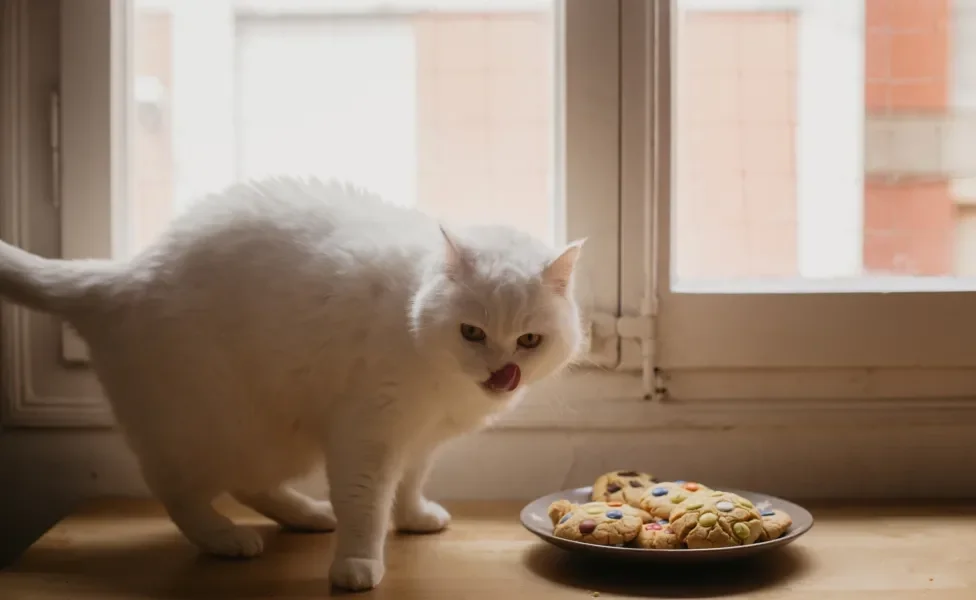 gato branco em pé ao lado de prato cheio de biscoitos