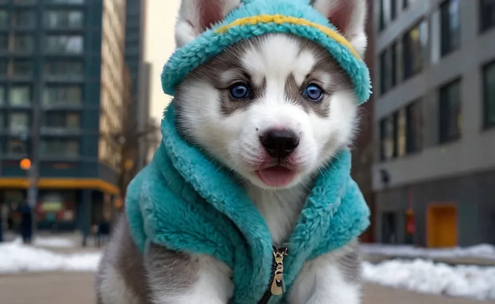 filhote de husky siberiano com casaquinho azul