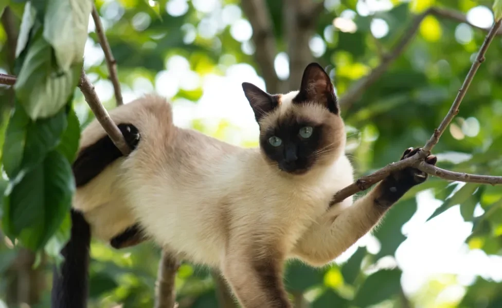 gato siamês pendurado em galho de árvore