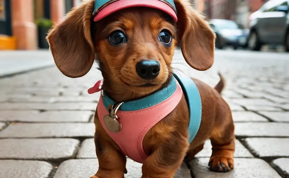 filhote de dachshund com roupinha rosa e azul