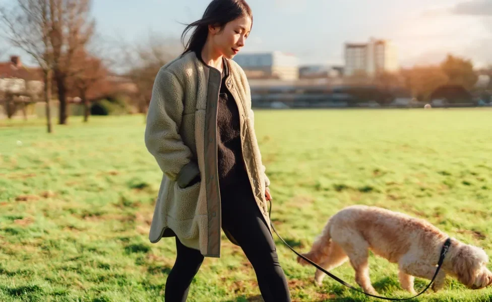 Tutora passeando com cachorro em parque no fim de tarde