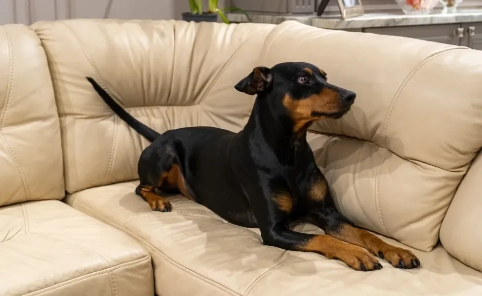 cachorro pinscher deitado no sofá