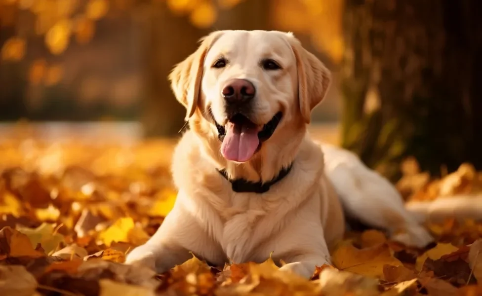 raças de cachorro golden retriever deitado no chão de um parque com língua de fora