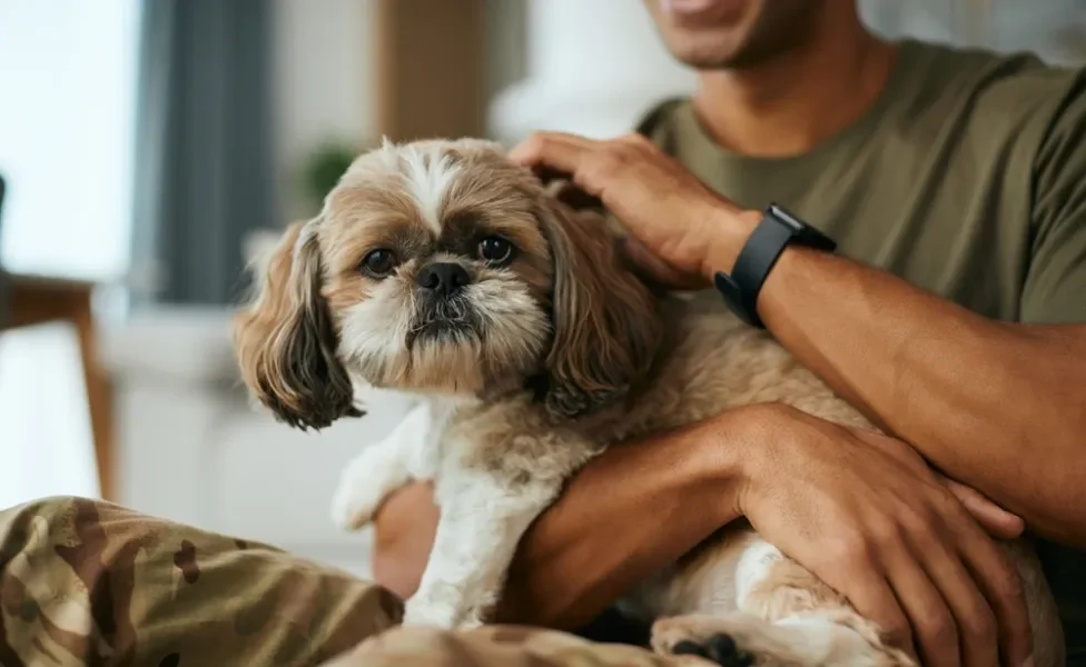 shih tzu no colo de um homem recebendo carinho