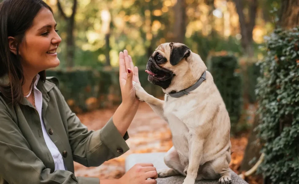 Pub e tutora fazendo "high five" em parque