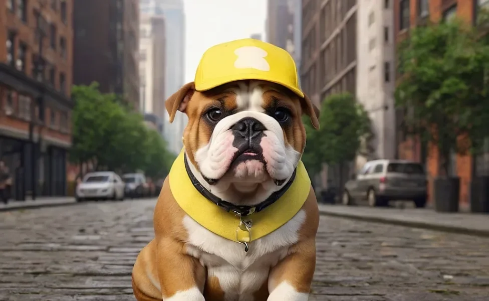 filhote de bulldog inglês no meio da rua com chapéu amarelo