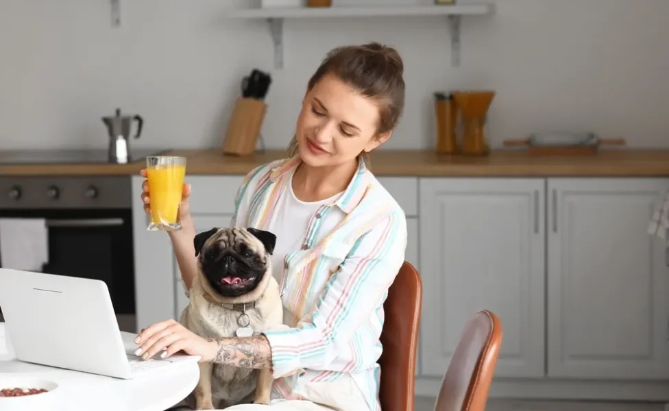 mulher segurando suco para cachorro