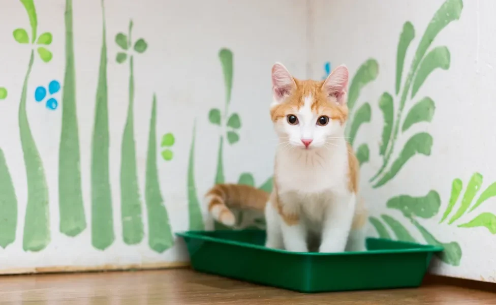 gato sentando em uma caixa de areia para gatos