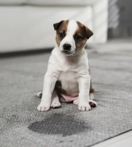 Cachorro filhote branco com manchas pretas na frente de uma mancha de xixi no tapete