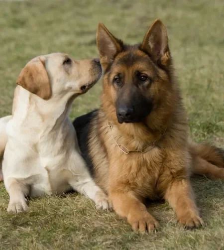 um labrador e um pastor alemão deitado na grama