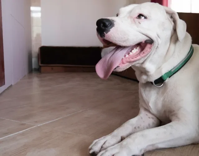 dogo argentino feliz com a língua de fora deitado no chão de casa